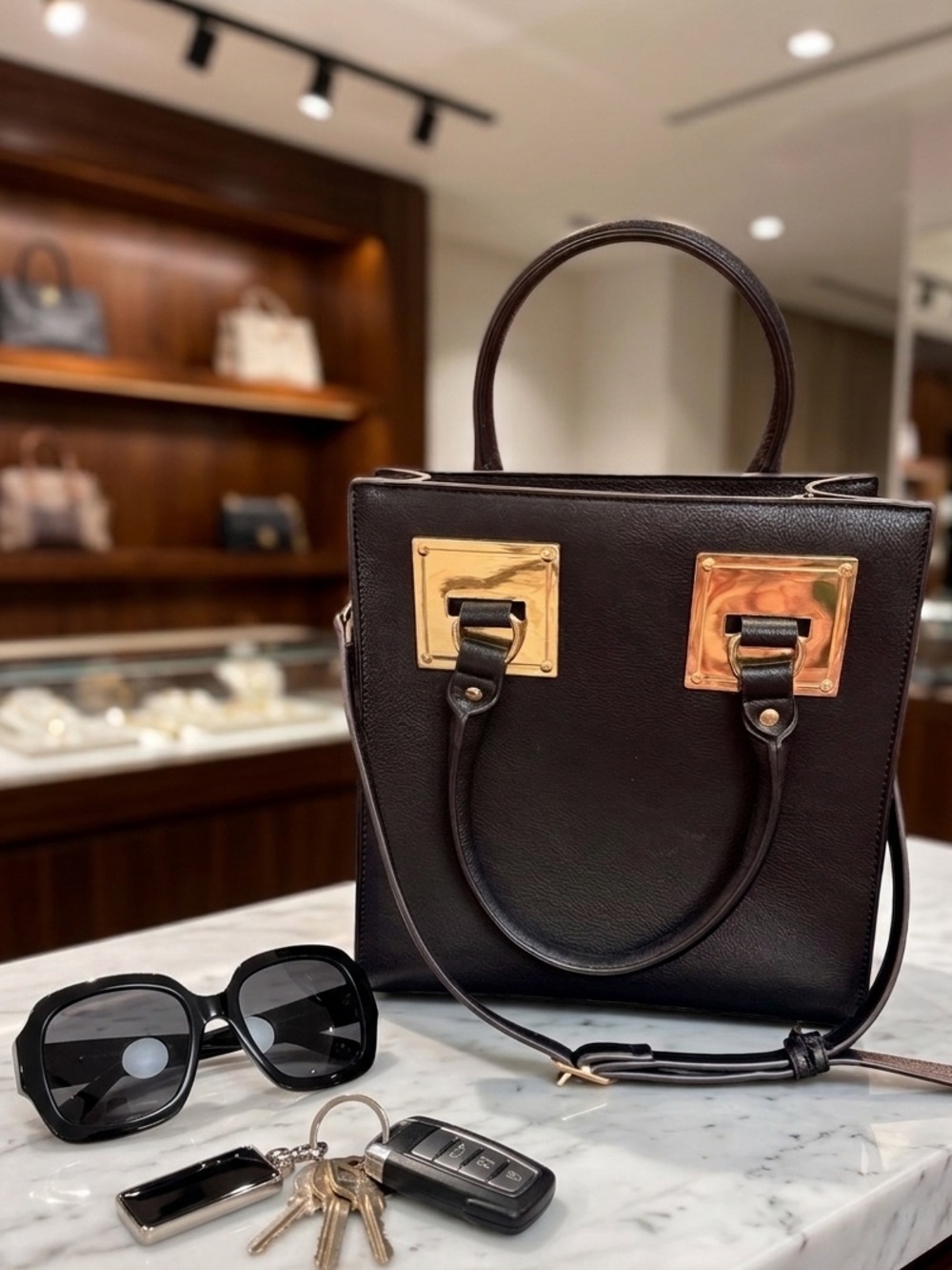 Quiet Luxury Structured Satchel Tote Black Gold Top Handle Crossbody Purse